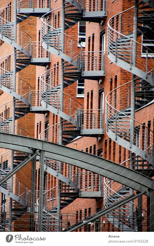 joke stairs | UT Hamburg Old warehouse district Bridge Architecture Winding staircase External Staircase Emergency exit Stairs Facade Window Escape route Metal