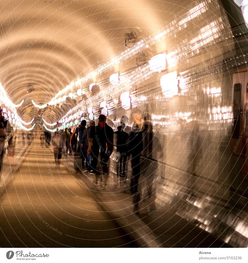 down through | UT Hamburg Group Cycling Pedestrian Driving Old Large Historic Round Under Town Yellow Gold Black Long Tunnel Double exposure Enliven Spooky