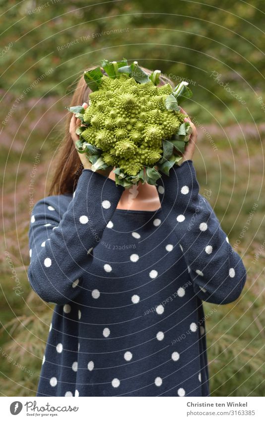 young woman in blue sweater holding a Romanesco in front of her face Food Vegetable Nutrition Organic produce Vegetarian diet Diet Human being Feminine