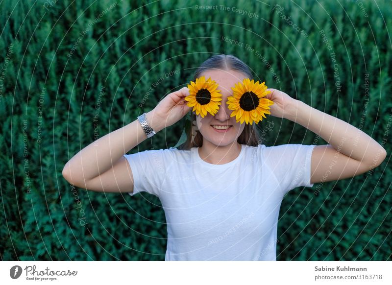 sunflowers Human being Feminine Young woman Youth (Young adults) 1 18 - 30 years Adults Nature Summer Sunflower Garden T-shirt Blossoming Smiling Stand