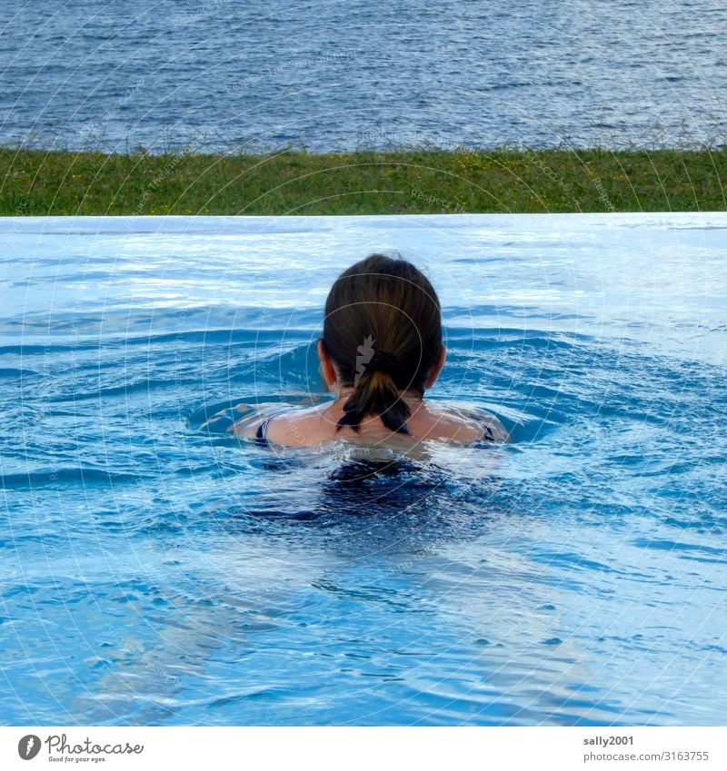 The bathing season is open... Woman be afloat bathe pool swimming pool Infinity Pool Blue Summer refresh refreshingly Ocean Vantage point outlook Swimmer