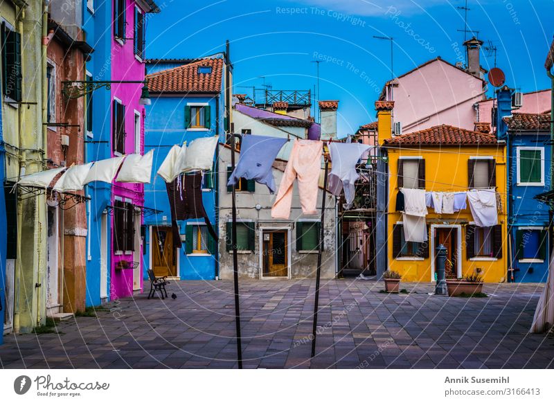 Laundry flutters in front of the colourful houses of Burano in Italy Rope Artist Cloudless sky Beautiful weather Fishing village Small Town Downtown Deserted