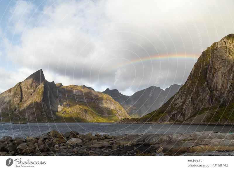 window look Vacation & Travel Nature Landscape Sky Storm clouds Autumn Climate Climate change Weather Rock Mountain Fjord Lofotes Scandinavia Norway Idyll