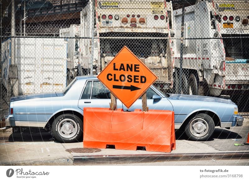 Lane Closed Transport Means of transport Street Lanes & trails Road sign Parking lot Roadblock Vehicle Car Vintage car Garbage truck Sign Signs and labeling