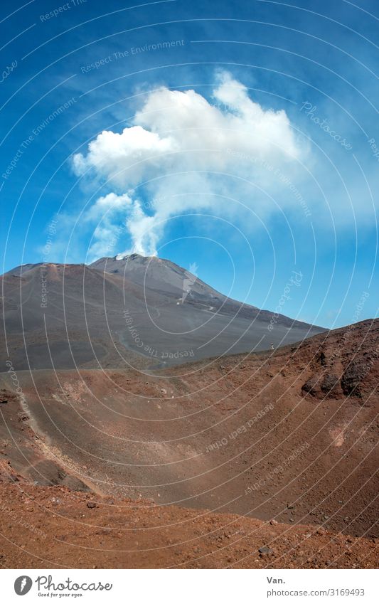 Etna Nature Landscape Elements Sky Summer Beautiful weather Hill Peak Volcano Mount Etna Sicily Exceptional Blue Brown White Threat Action Smoke Rock Ash cloud