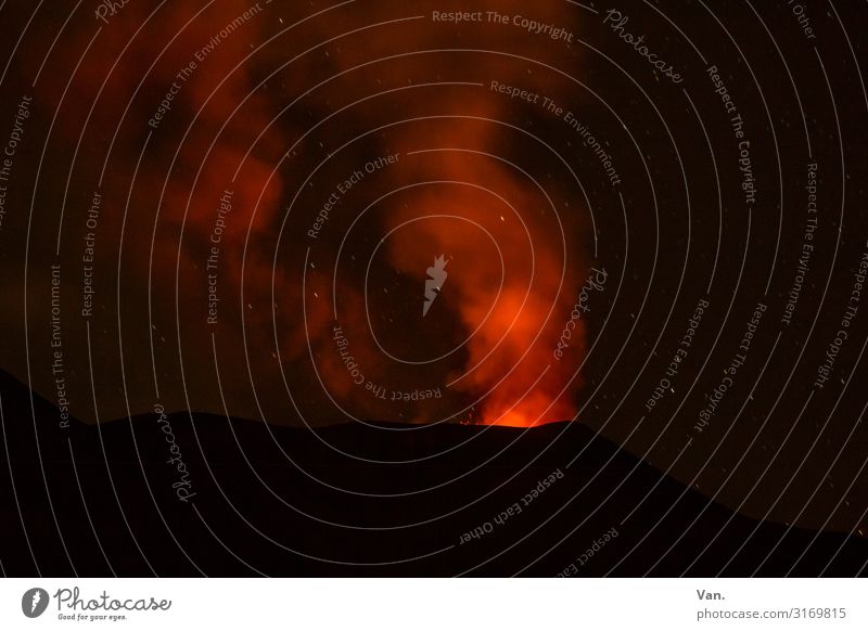 Etna³ at night Nature Elements Peak Volcano Mount Etna Sicily Exceptional Dark Red Black Threat Glow Lava Volcanic crater Outbreak Eruption Smoke Ash cloud