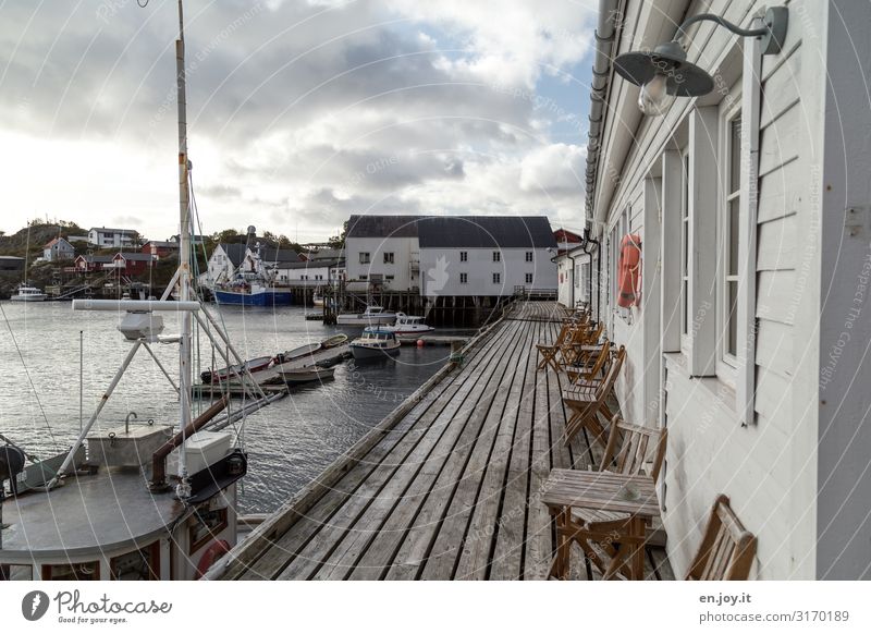 harbour view Leisure and hobbies Vacation & Travel Trip Adventure Chair Table Environment Clouds Fjord Reinefjorden Hamnöy Norway Scandinavia Lofotes