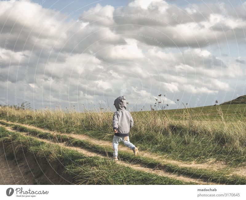 landscape nature child freedom landlust freedom air Human being Toddler Boy (child) Infancy Life 1 Environment Nature Landscape Sky Clouds Grass Bushes Field