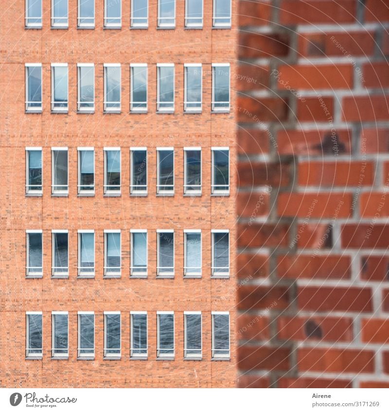 Facade, simple | UT Hamburg Deserted Brick facade Glazed facade Glass Metal Sharp-edged Simple Town Gray Orange Red Orderliness Boredom Arrangement Planning