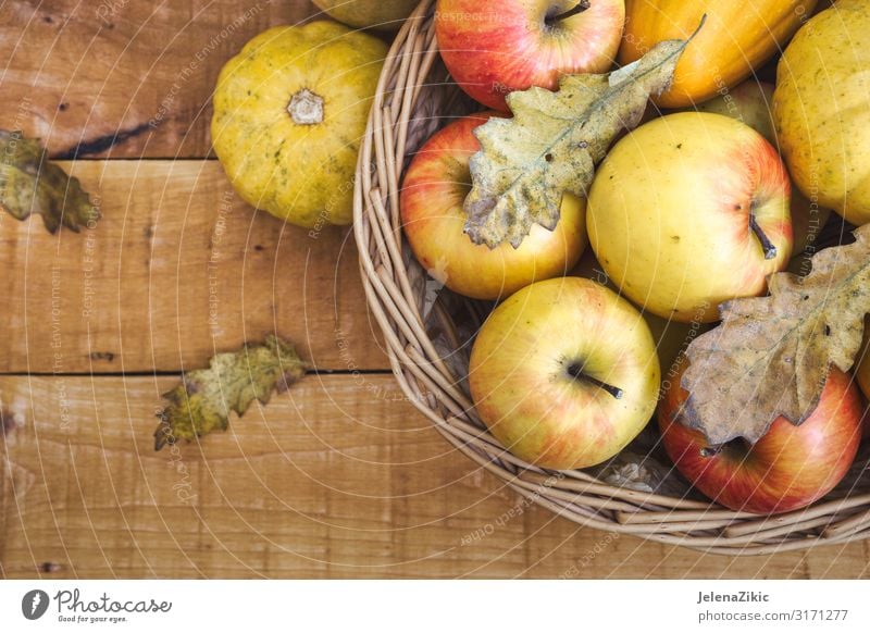 Basket with fresh organic fruits Food Fruit Apple Dessert Nutrition Eating Organic produce Juice Summer Garden Table Gardening Nature Autumn Leaf Wood Fresh