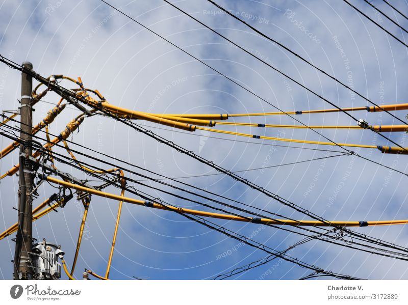 wired Technology Energy industry Cable Electricity pylon Tokyo Japan Asia Capital city Port City Line Illuminate Fantastic Tall Above Blue Yellow Gray White