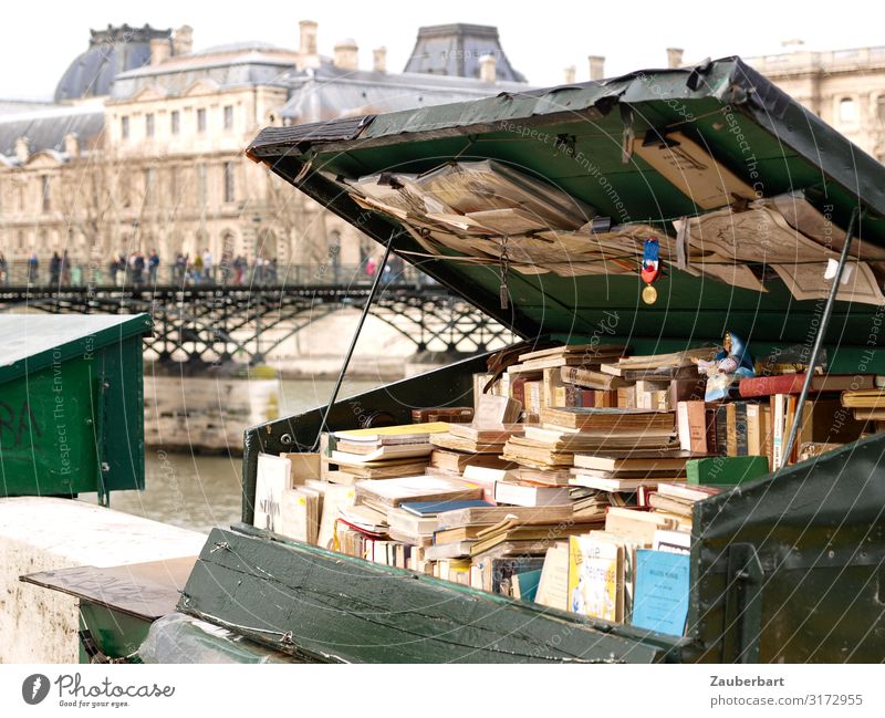 Old media / Antiquarian books on the banks of the Seine Reading City trip Book Second-hand bookshop Bookshop Paris France Bridge Crate Wood Shopping