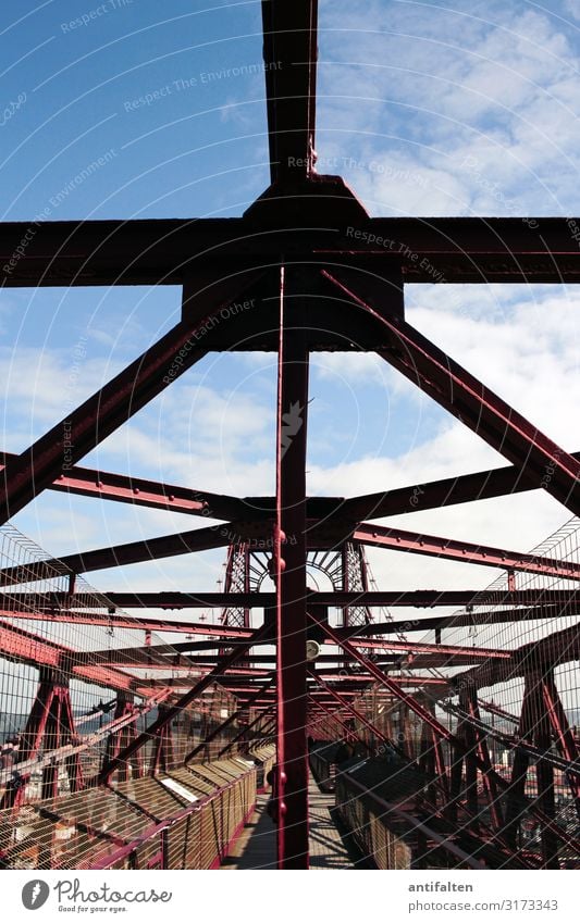 symmetry bridge floating ferry Vacation & Travel Puente de Vizcaya Red vantage point piers wooden beams steel framework Blue sky Sun Weather Trip Spain