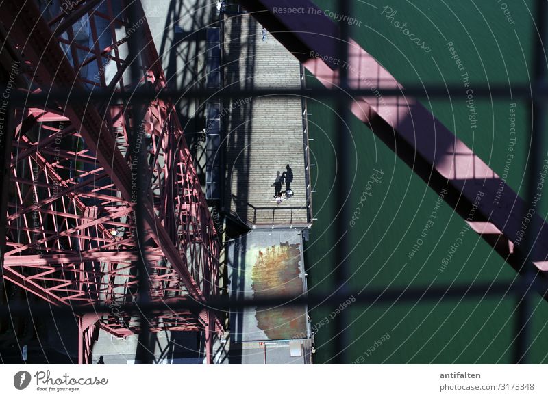 shadow play Shadow personal photo Human being Couple hold hands Bird's-eye view Exterior shot Colour photo Man floating ferry Red vantage point piers