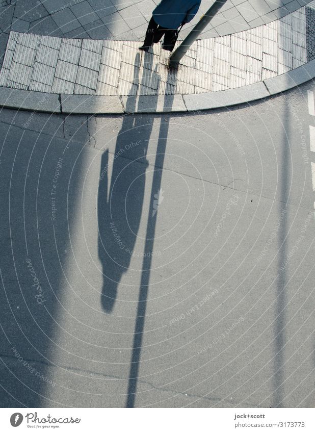 Shadow cast on open road Human being Berlin Traffic infrastructure Passenger traffic Pedestrian Sidewalk Curbside Asphalt Stripe Going Long Under Gray Serene