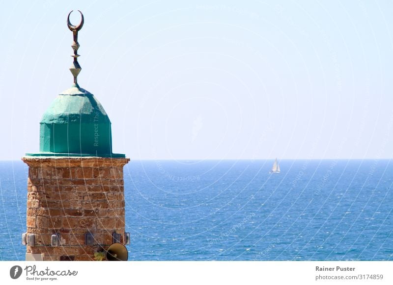 Minaret of Al-Bahar Mosque in Jaffa, Israel Summer Summer vacation Sailing Cloudless sky Beautiful weather Coast Ocean Mediterranean sea Sign Blue Turquoise