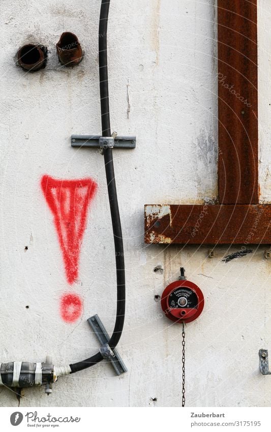 Old factory wall with graphic elements Cable Factory hall Wall (barrier) Wall (building) Fire alarm Steel carrier Stone Exclamation mark Broken Brown Red White