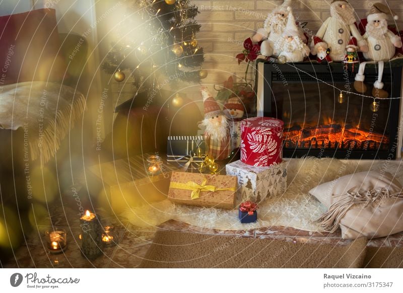 Living room in Christmas Winter House (Residential Structure) Decoration Feasts & Celebrations Christmas & Advent Tree Candle Brown Yellow Red christmas holiday