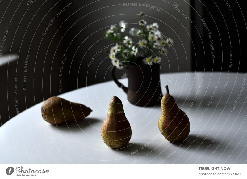 Three Abate pears on white table with white autumn flowers Food Fruit Pear Nutrition Organic produce Vegetarian diet Diet Fasting Mug Elegant Style Joy Healthy