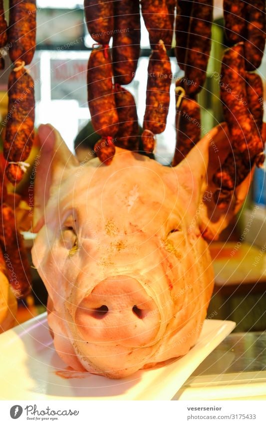 Pig 1 Food Meat Sausage Farm animal Dead animal Pig head Animal Creepy Delicious Bizarre Decadence To enjoy Whimsical Colour photo Interior shot Close-up