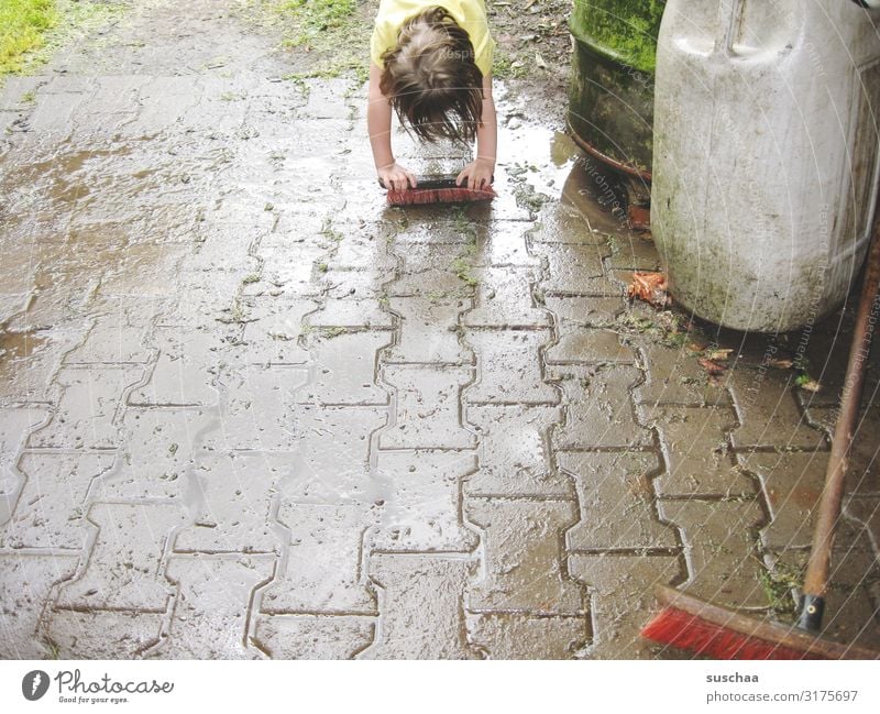 scrubbing Child Girl Clean Cleaning scrubbing brush Rain Rainwater Wet Dirty Broom Street Farm Courtyard Joy Rainwater butt Weather Summer Water