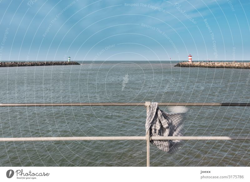 parted Water Sky Horizon Beautiful weather Wind Gale Lighthouse Handrail Mole Old Broken Blue Brown Gray Sadness Adventure Hope Shirt Colour photo Exterior shot