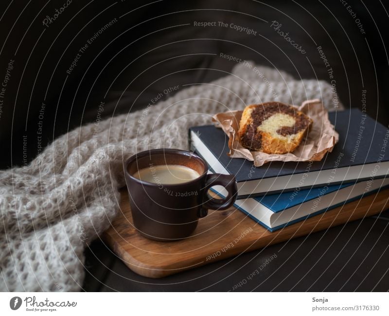 Coffee break with cake Food Cake To have a coffee Beverage Hot drink Cup Lifestyle Living or residing Sofa Wool blanket Book Fragrance Relaxation Retro Moody