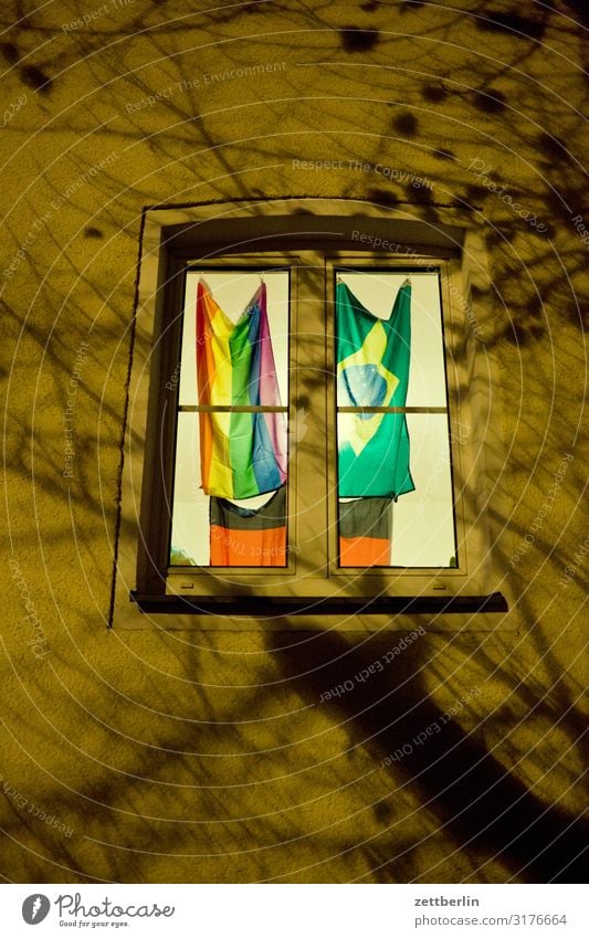 Window with three flags Evening Berlin Dark Building Mysterious House (Residential Structure) Night Neukölln Town City life Apartment Building Light Awareness