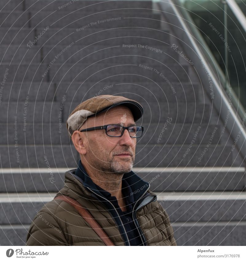 Man in front of stairs Human being Masculine Adults 1 45 - 60 years Stairs Looking Esthetic Elegant Curiosity Contentment Self-confident Cool (slang) Optimism