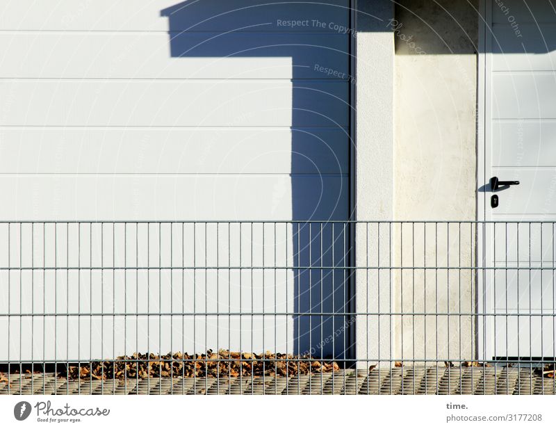 Stories of the fence (XIII) House (Residential Structure) Wall (barrier) Wall (building) Door Fence Autumn leaves Stone Metal Line Simple Moody Safety