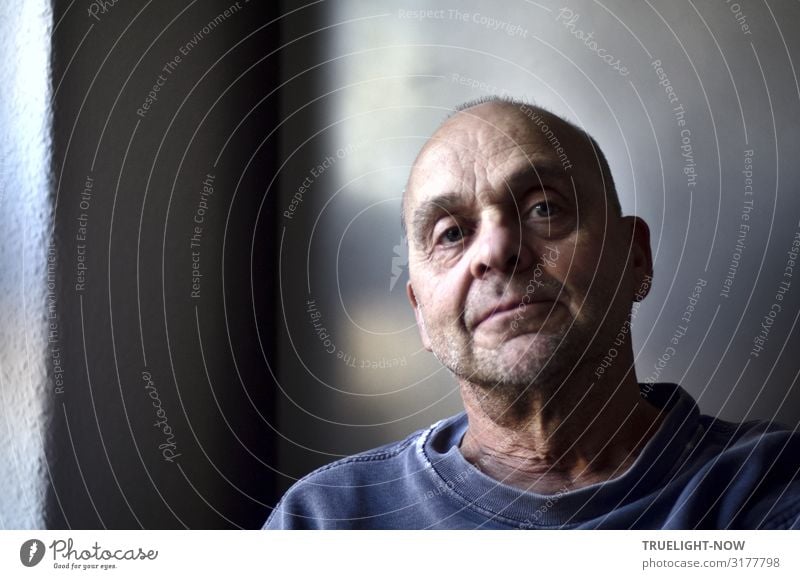 All-natural frontal portrait of a mature man with near-baldness, illuminated by soft, sidelong daylight, looking slightly from above, serious, profound and fearless directly into camera