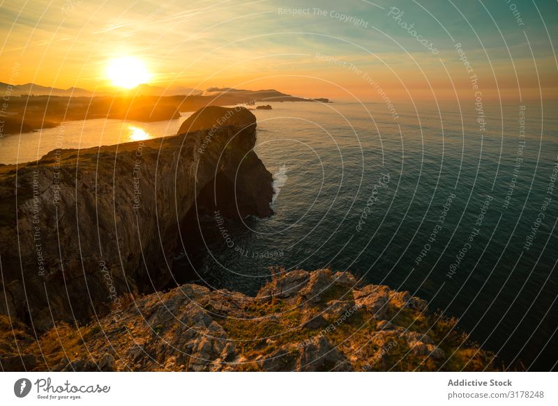 Majestic cliffs of ocean coastline in sunset Coast Cliff Sunset Landscape Ocean Horizon Multicoloured llanes asturias Spain Nature Evening seascape Water