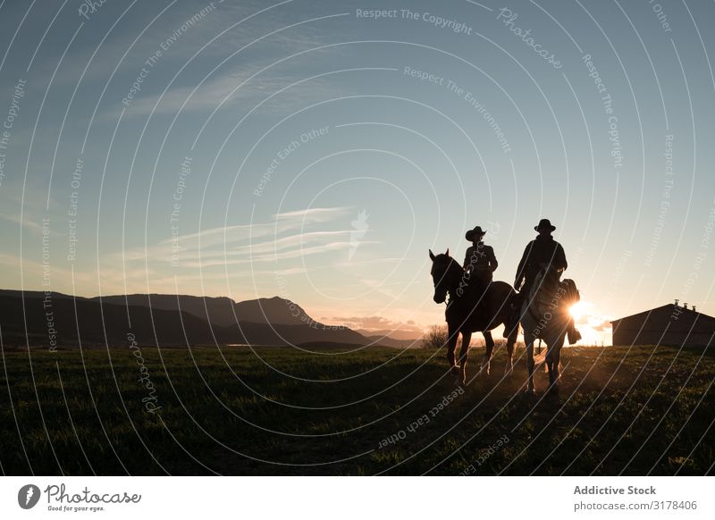 People riding horses Human being Horse Ranch Sunset Sky Evening Man Woman Gesture Sports Horseback equestrian Lifestyle Leisure and hobbies Relaxation Domestic