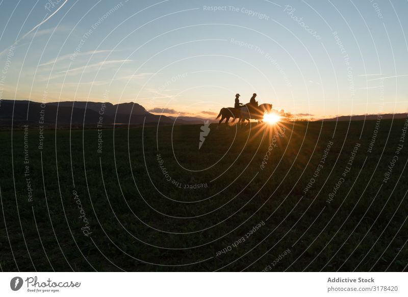 Man and woman riding horses Beautiful Joy Professional Relaxation Landscape Farm Dusk Action Ranch Lifestyle Rear view Horizontal Sunset Horseback Fitness Sky