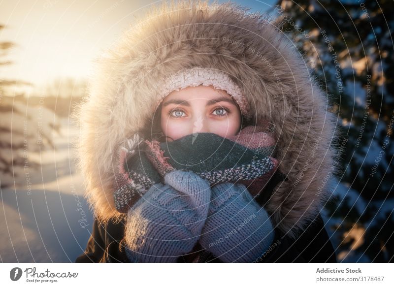 Young woman smiling on snowy background Woman Laughter Joy Snow Attractive Youth (Young adults) Warmth Clothing Fur coat Tree Conifer Winter Happy Happiness