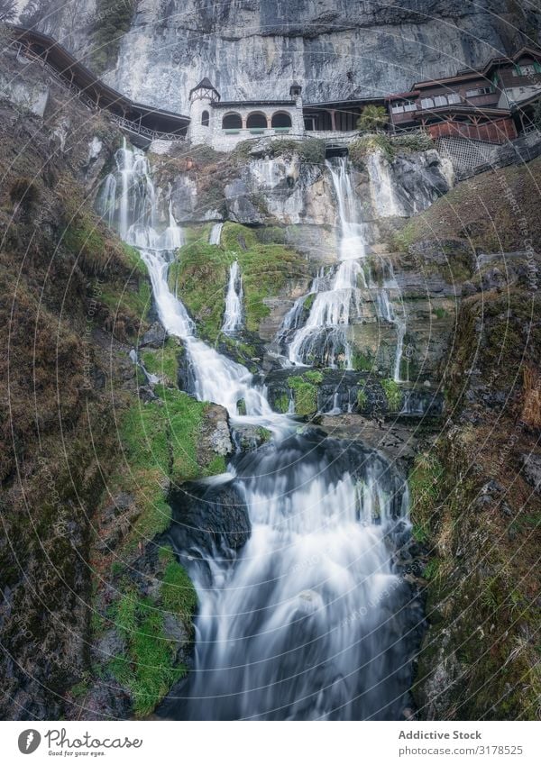 Picturesque waterfall on high cliff Cliff Waterfall Height Nature Terrace Long exposure Majestic Stream Tourism Fresh Pure Harmonious Valley Ecological