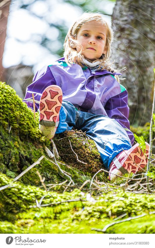 Adventure in the forest Happy Contentment Playing Vacation & Travel Trip Mountain Child Girl Infancy 1 Human being 3 - 8 years Nature Moss Forest Rubber boots