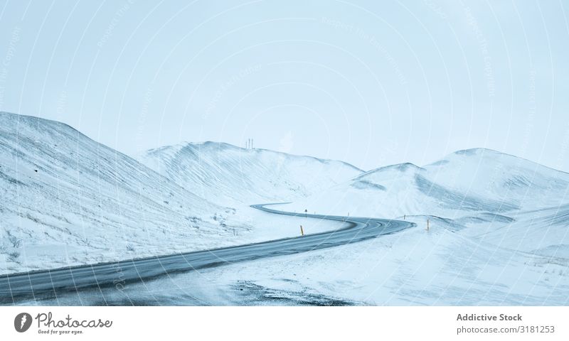 Snowy road in Iceland Street Winter Mountain Landscape Ring Blue Sky Asphalt Nature Background picture White Vacation & Travel Cold Europe Rural Countries