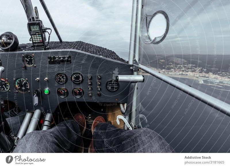 Interior of the cockpit of a small plane Small Cockpit Airplane Aircraft panel Hut Interior design instrument Testing & Control Interior shot Aviation