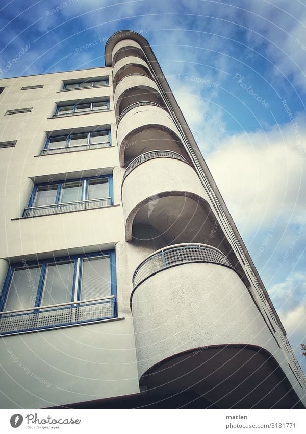 corner solution Town Capital city Deserted House (Residential Structure) High-rise Building Architecture Facade Balcony Window Esthetic Round Blue Gray White