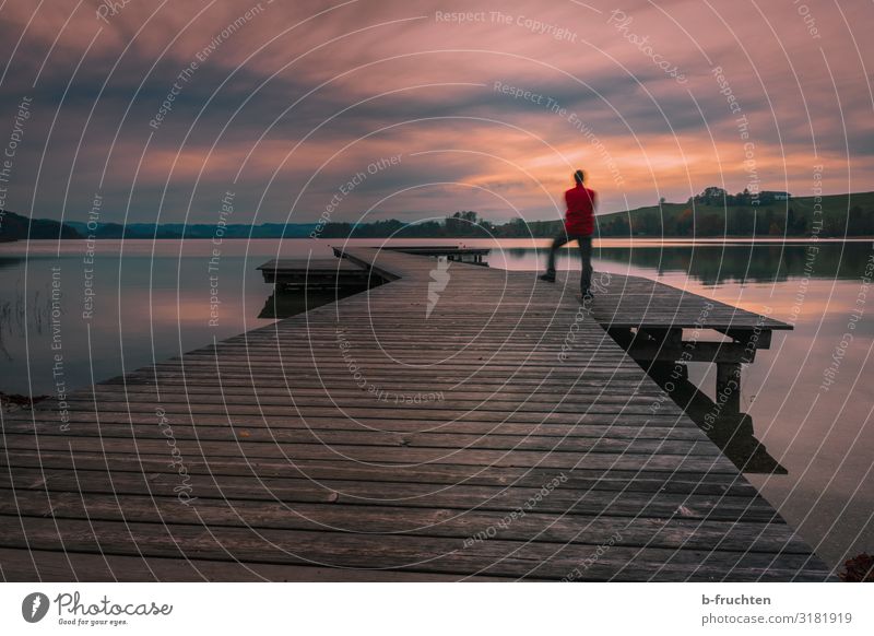 The day ends. Harmonious Contentment Calm Far-off places Freedom Man Adults 1 Human being Nature Landscape Sky Clouds Autumn Lakeside Observe To enjoy Stand