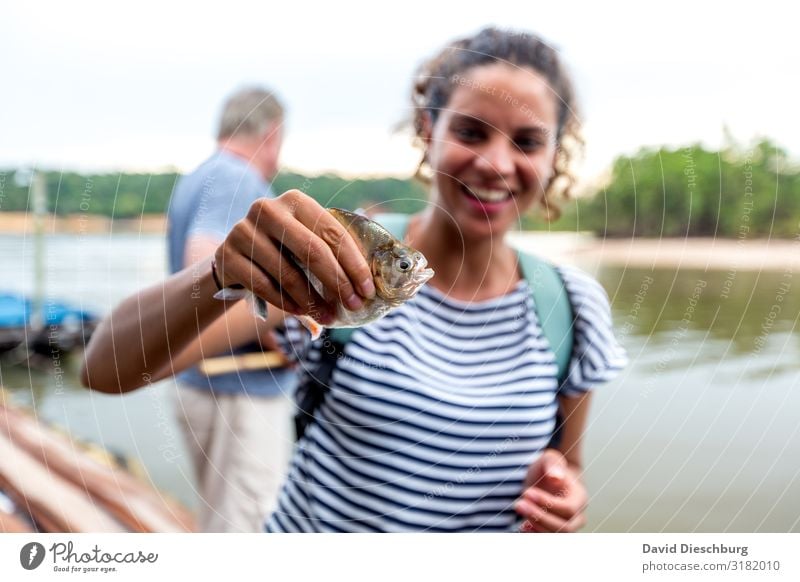 freshly caught Fishing (Angle) Vacation & Travel Tourism Adventure Expedition Feminine 1 Human being Nature Sky Beautiful weather Virgin forest Bog Marsh River