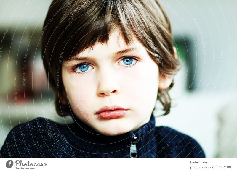 . Love Son portrait Contrast Light Day Close-up Longing Meditative Intensive Earnest Colour photo Interior shot Concern Lips Mouth Face Infancy Boy (child) Eyes