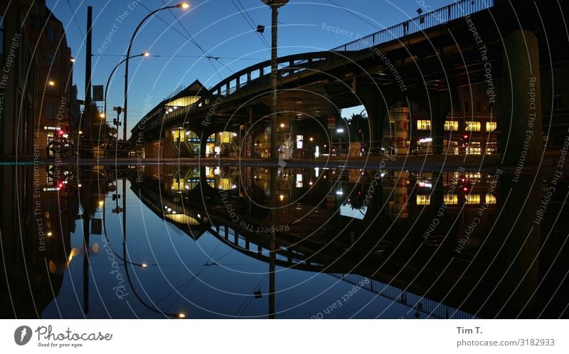 Schönhauser corner Prenzlauer Berg Schönhauser Allee Transport Traffic infrastructure Road traffic Train travel Mobility Reflection Puddle Street Underground