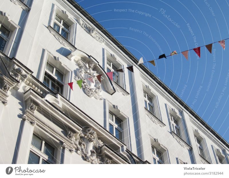 Berlin old building facade with stucco and colorful pennant chain Tourism House (Residential Structure) Feasts & Celebrations Sky Town Capital city Downtown