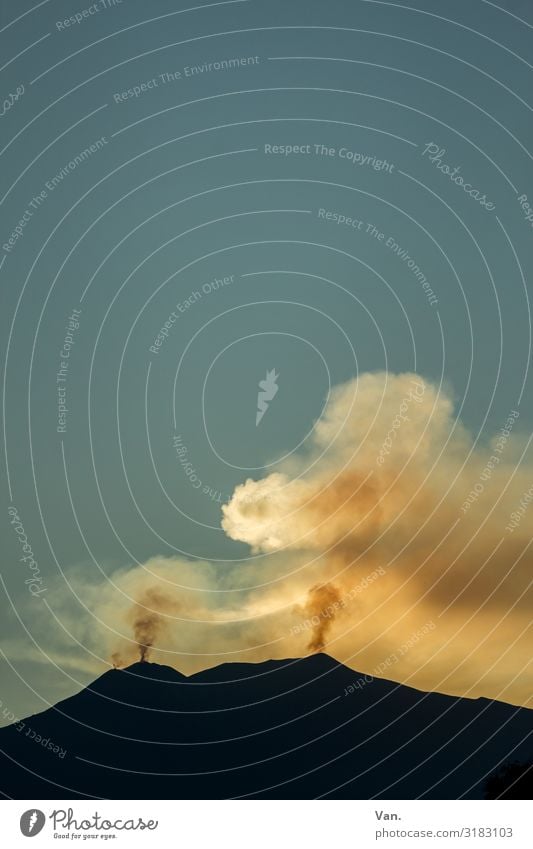 smoke development Nature Sky Cloudless sky Autumn Beautiful weather Mountain Peak Volcano Mount Etna Sicily Smoking Blue Yellow Gold Black Outbreak Eruption