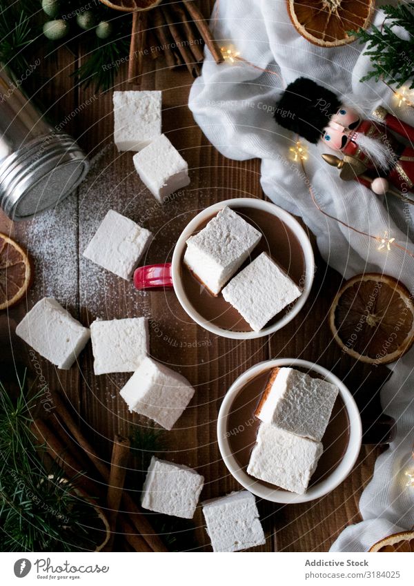 Spices and decorations near hot chocolate with marshmallows Hot Chocolate Christmas & Advent Decoration citrus Cinnamon Tradition Cup Drinking Winter Dessert