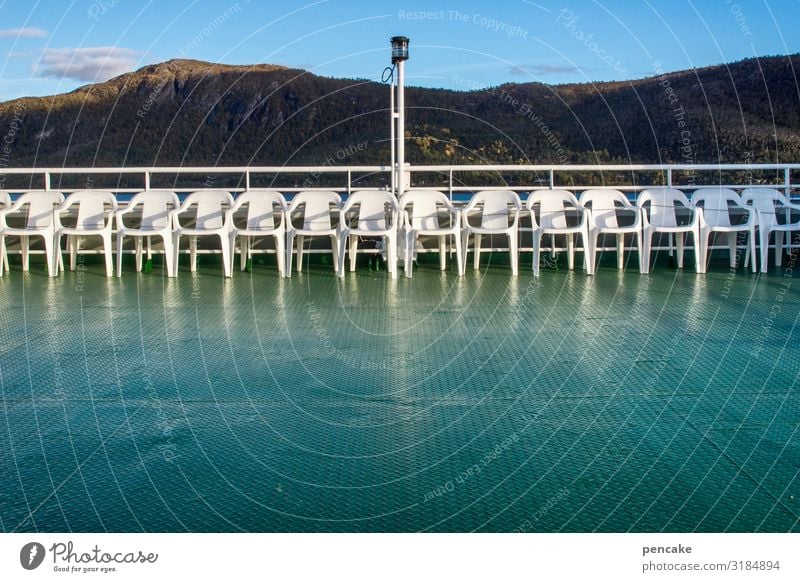 seating with railing Nature Landscape Coast Fjord Navigation Ferry Driving Sit Stand Chair Railing Handrail Norway Vacation in Norway Empty Deserted