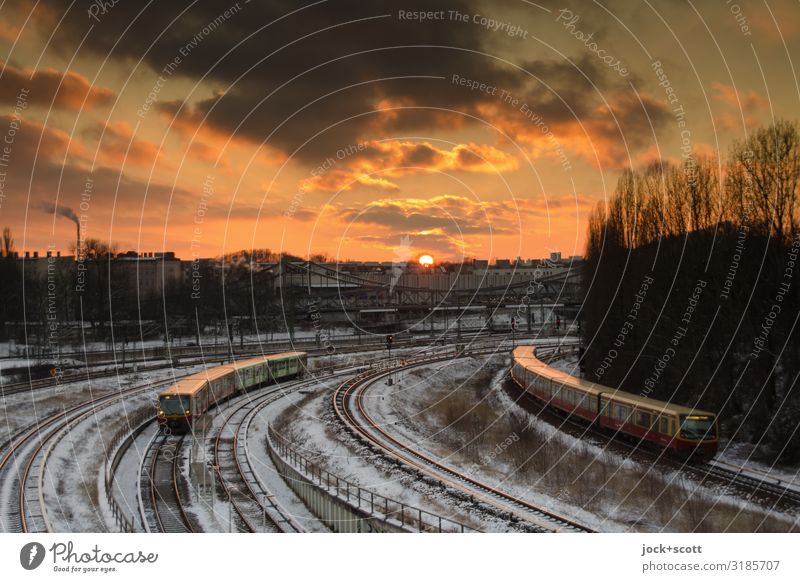 warm frost and snow Clouds Winter Snow Rail transport Commuter trains Railroad tracks Railroad system Driving Glittering Kitsch Horizon Inspiration Mobility