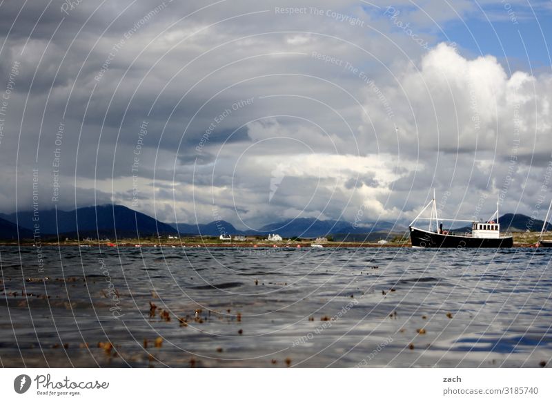 Weather Landscape Water Sky Clouds Hill Mountain Waves Coast Lake Connemara Ireland Navigation Inland navigation Fishing boat Motorboat Watercraft Gray White